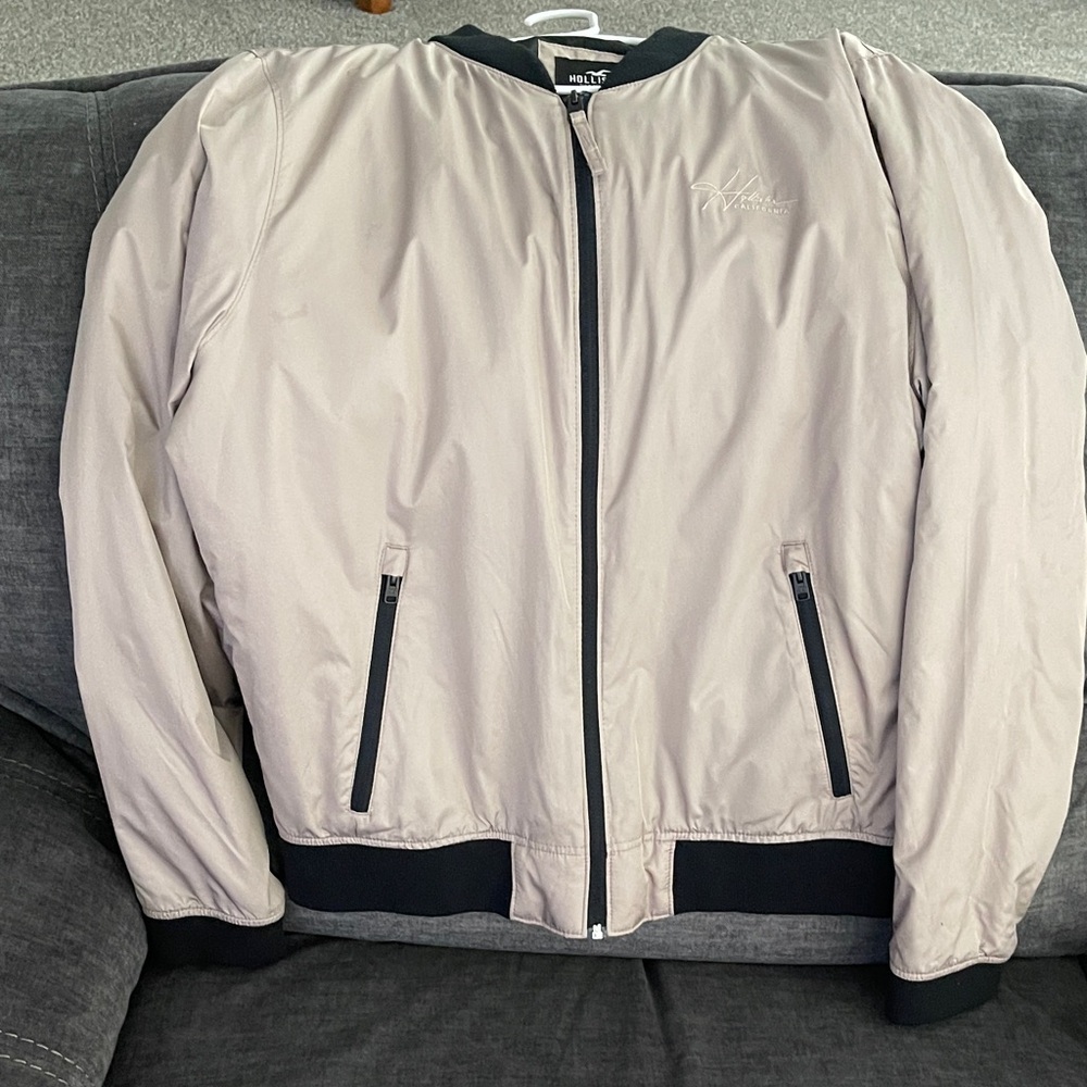 Hollister Men’s Taupe Bomber Jacket with Black Trim